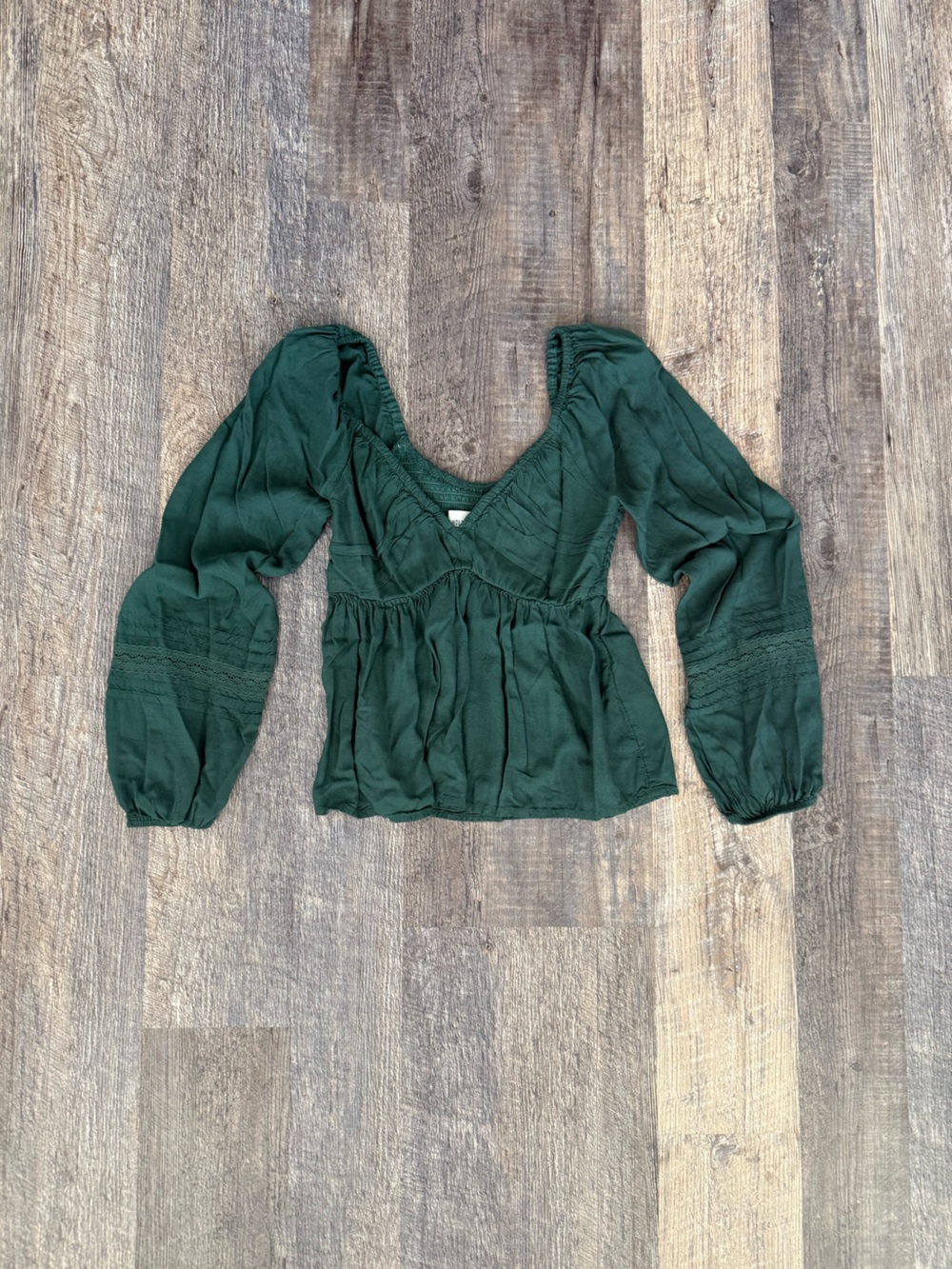 Hollister Green Smocked Peasant Blouse Balloon Sleeve Top Size S